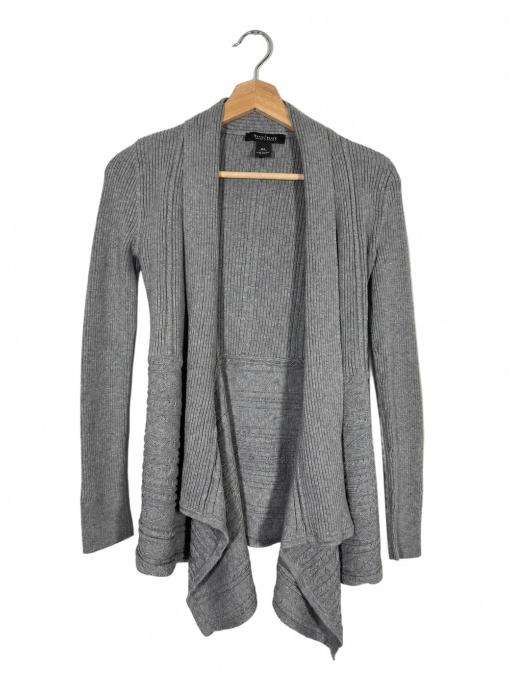 WHBM Waterfall Drape Cardigan Size XS Gray Ribbed Business Casual Cozy Chic Lux